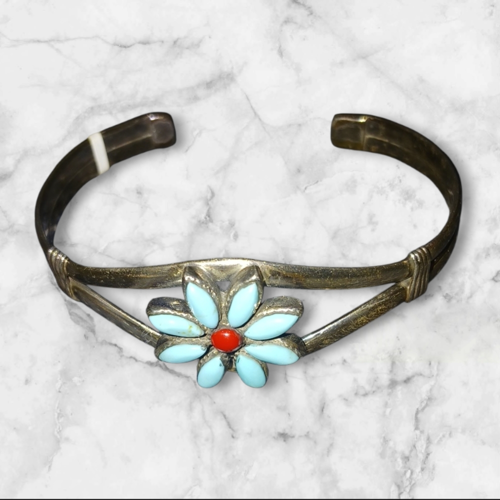 NWT Sterling Silver Turquoise and Red Flower Cuff Bracelet